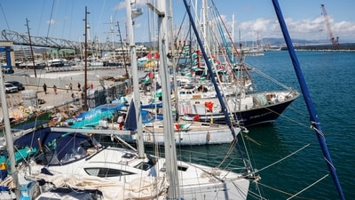 Sailboats from the Global Sumud Flotilla humanitarian expedition were seen preparing to set sail for Gaza at the port of Barcelona on August 30 (Reuters)
