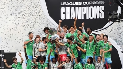 The Seattle Sounders lift the trophy after beating Inter Miami in a Leagues Cup final. (AP) The Seattle Sounders lift the trophy after beating Inter Miami in a Leagues Cup final. (AP)