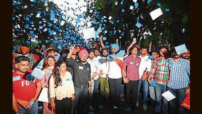 NSUI supporters during a rally at Panjab University, Chandigarh, on Monday. (Keshav Singh/HT) NSUI supporters during a rally at Panjab University, Chandigarh, on Monday. (Keshav Singh/HT)