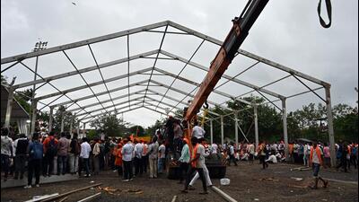 On Monday, the fourth day of the hunger strike cum protest, the Morcha also started work on erecting a waterproof pandal at Azad Maidan (Raju Shinde/ HT Photo) On Monday, the fourth day of the hunger strike cum protest, the Morcha also started work on erecting a waterproof pandal at Azad Maidan (Raju Shinde/ HT Photo)