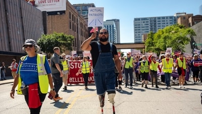 People participate in a Labor Day protest in Chicago, Illinois, U.S., September 1, 2025. Protesters march through the streets in anticipation of DHS agents coming to Chicago to enforce immigration raids. (REUTERS)
