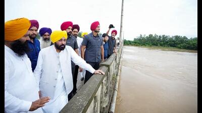 Punjab chief minister Bhagwat Mann takes stock of flood situation during his visit to Tanda sub-division in Hoshiarpur on Monday. (SOURCE - X) Punjab chief minister Bhagwat Mann takes stock of flood situation during his visit to Tanda sub-division in Hoshiarpur on Monday. (SOURCE - X)
