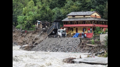 Restoration work is underway on flood-damaged Kullu Manali Highway due to continuous rain, in Kullu on Monday. (ANI) Restoration work is underway on flood-damaged Kullu Manali Highway due to continuous rain, in Kullu on Monday. (ANI)