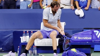 Russia's Daniil Medvedev breaks his racquet after his first round match against France's Benjamin Bonzi. (REUTERS)