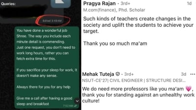 Professor Kavita Kamboj's post on LinkedIn has received an outpour of comments praising the teacher's support for student's well-being. (Photos: LinkedIn) Professor Kavita Kamboj's post on LinkedIn has received an outpour of comments praising the teacher's support for student's well-being. (Photos: LinkedIn)