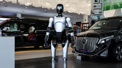 A humanoid robot at a car dealership in Shanghai. A humanoid robot at a car dealership in Shanghai.