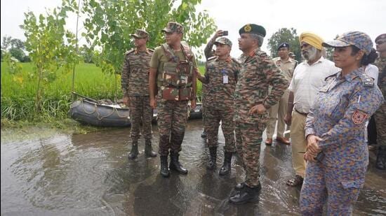 Lieutenant General Manoj Kumar Katiyar, the army commander of Western Command, Chandimandir, visited the forward areas affected by the recent floods in Jammu and Punjab on Sunday to review the ongoing disaster work. On August 27, the army aviation conducted a daring rescue near Madhopur Headworks in Pathankot district, saving 22 CRPF personnel and three civilians. (ANI Photo)