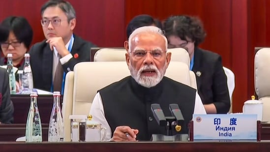 Prime Minister Narendra Modi addresses the plenary session of the 25th SCO Heads of State Council Summit, in Tianjin, China. (X/ @Narendra Modi)
