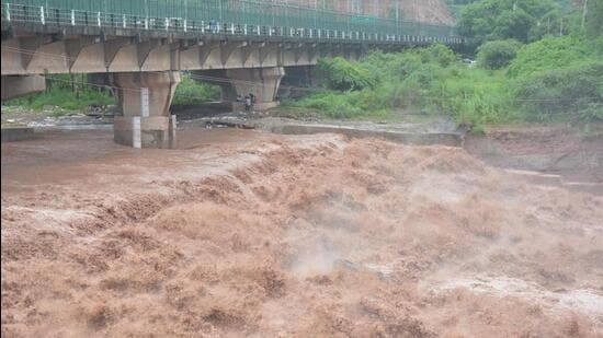The Ghaggar in spate in Panchkula on Monday. (SANT ARORA/HT)