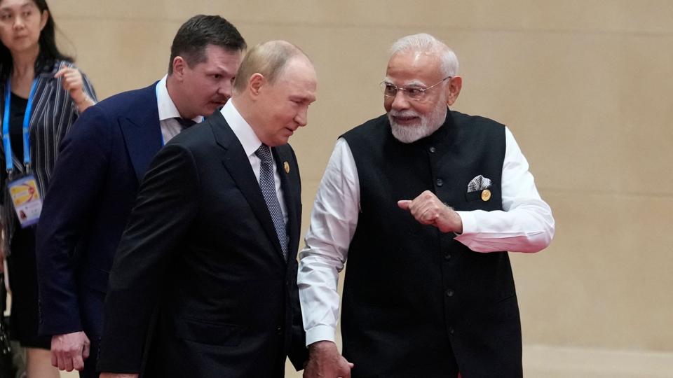 Russia’s President Vladimir Putin with Indian Prime Minister Narendra Modi on the sidelines of the Shanghai Cooperation Organisation (SCO) Summit in Tianjin (Sputnik/AFP) Russia’s President Vladimir Putin with Indian Prime Minister Narendra Modi on the sidelines of the Shanghai Cooperation Organisation (SCO) Summit in Tianjin (Sputnik/AFP)