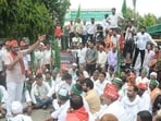 Farmer leaders said they arrived in tractors and cars and broke open the main entrance of the authority’s office during the protest. (Sakib Ali/HT Photo)