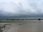 Fields near Sector 167 of Noida under the Yamuna’s waters on Tuesday.() (Sunil Ghosh/HT)