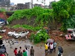 Five cars parked alongside Domoria Bridge suffered heavy damage after a retaining wall collapsed in Ludhiana on Monday. (Gurpreet Singh/HT) Five cars parked alongside Domoria Bridge suffered heavy damage after a retaining wall collapsed in Ludhiana on Monday. (Gurpreet Singh/HT)