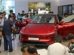 A Tesla Model Y at the company's newly opened store at Bandra Kurla Complex in Mumbai.