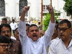 Leader of Opposition Suvendu Adhikari along with BJP MLAs walkout from West Bengal State Legislative Assembly House in Kolkata on Tuesday. (Samir Jana/ Hindustan Times)