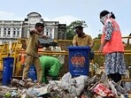 Mumbai, India. Sep 02, 2025 - BMC Workers cleaning the road near Azad Maidan in South Mumbai. Large numbers of supporters and members of the Maratha community gathered at Azad Maidan to support Jarange Patil. Maratha quota agitation leader Manoj Jarange Patil began an indefinite hunger strike at Azad Maidan in South Mumbai from Friday. He is staging this hunger strike to demand a 10 percent quota for Marathas under the Other Backward Classes (OBC) category. Mumbai, India. Sep 02, 2025. (Photo by Raju Shinde/HT Photo) (Raju Shinde)
