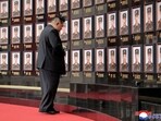 North Korean leader Kim Jong Un visits the memorial wall at a ceremony to award state commendations to the commander and combatants of the Korean People's Army's Overseas Operational Forces, who took part in military operations in Kursk Oblast of western Russia,