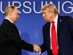 US President Donald Trump and Russian President Vladimir Putin shake hands during a press conference following their meeting to negotiate an end to the war in Ukraine, at Joint Base Elmendorf-Richardson, in Anchorage, Alaska, U.S., August 15, 2025.