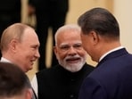 Prime Minister Narendra Modi talks with Russian President Vladimir Putin and Chinese President Xi Jinping ahead of the Shanghai Cooperation Organisation (SCO) Summit 2025 at the Meijiang Convention and Exhibition Centre in Tianjin, China, on September 1, 2025.  