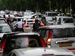 Vehicles stuck in a traffic jam near the admin block of Panjab University in Chandigarh on Monday. (Keshav Singh /HT) Vehicles stuck in a traffic jam near the admin block of Panjab University in Chandigarh on Monday. (Keshav Singh /HT)