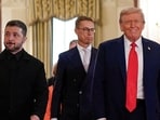 U.S. President Donald Trump, Ukrainian President Volodymyr Zelenskiy and Finland's President Alexander Stubb walk during a meeting, amid negotiations to end the Russian war in Ukraine, at the White House on August 18, 2025