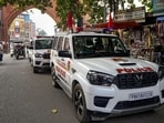 Police vehicles during a flag march in Amritsar, Punjab. Police vehicles during a flag march in Amritsar, Punjab.