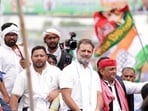 Congress leader Rahul Gandhi with former Uttar Pradesh CM Akhilesh Yadav, RJD leader Tejashwi Yadav during Voter Adhikar Yatra at Saran, Bihar