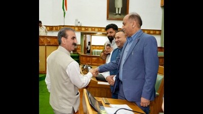 Chief minister Sukhvinder Singh Sukhu with leader of Opposition Jai Ram Thakur during the last day of the Himachal Pradesh Vidhan Sabha monsoon session in Shimla on Tuesday. (HT Photo) Chief minister Sukhvinder Singh Sukhu with leader of Opposition Jai Ram Thakur during the last day of the Himachal Pradesh Vidhan Sabha monsoon session in Shimla on Tuesday. (HT Photo)