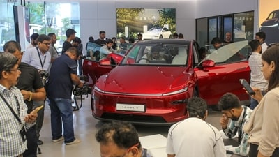 A Tesla Model Y at the company's newly opened store at Bandra Kurla Complex in Mumbai. (Bloomberg) A Tesla Model Y at the company's newly opened store at Bandra Kurla Complex in Mumbai. (Bloomberg)
