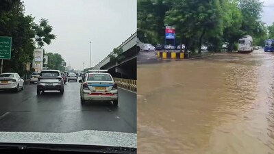 A video showing the roads of Noida (L) and Gurgaon (R) after rain (Instagram/@noida_meri_pehchan) A video showing the roads of Noida (L) and Gurgaon (R) after rain (Instagram/@noida_meri_pehchan)
