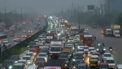Vehicles stuck in a traffic jam along the Delhi-Gurugram expressway amid rainfall, in Gurugram, Monday, Sept. 1, 2025. (PTI) Vehicles stuck in a traffic jam along the Delhi-Gurugram expressway amid rainfall, in Gurugram, Monday, Sept. 1, 2025. (PTI)