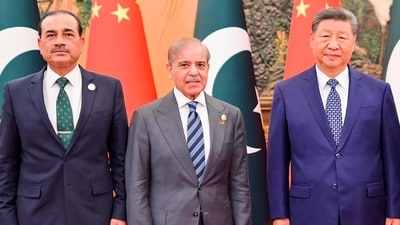 Field Marshal Asim Munir (L) with PM Shehbaz Sharif and Chinese President Xi Jinping during a meeting in Beijing. (X/@MIshaqDar50/PTI) Field Marshal Asim Munir (L) with PM Shehbaz Sharif and Chinese President Xi Jinping during a meeting in Beijing. (X/@MIshaqDar50/PTI)