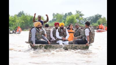 Punjab chief minister Bhagwant Mann visiting flood-affected villages in Ferozepur district on Tuesday. (HT) Punjab chief minister Bhagwant Mann visiting flood-affected villages in Ferozepur district on Tuesday. (HT)