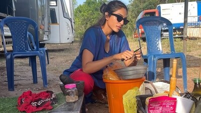 Sobhita Dhulipala posted pictures and videos of her cooking on the set of her next film. Sobhita Dhulipala posted pictures and videos of her cooking on the set of her next film.