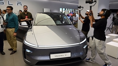 A Tesla Model Y on display at company's showroom in BKC Mumbai. (Bloomberg) A Tesla Model Y on display at company's showroom in BKC Mumbai. (Bloomberg)