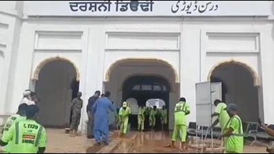 The unprecedented floods had brought 10 to 12 feet of water into the Kartarpur Sahib Gurdwara complex. (HT)