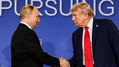 US President Donald Trump and Russian President Vladimir Putin shake hands during a press conference following their meeting to negotiate an end to the war in Ukraine, at Joint Base Elmendorf-Richardson, in Anchorage, Alaska, U.S., August 15, 2025. (REUTERS File)