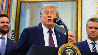 US President Donald Trump, next to Vice President JD Vance and Secretary of Defense Pete Hegseth, speaks during an event to announce that the Space Force Command will move from Colorado to Alabama, in the Oval Office at the White House in Washington, D.C., US, September 2, 2025. (REUTERS)
