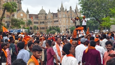 Protesters seeking quota for the Marathas celebrate at the iconic Chhatrapati Shivaji Maharaj Terminus in Mumbai on Tuesday, after their leader, Manoj Jarange-Patil, announced that the government has accepted their demands. (Raju Shinde/HT Photo) Protesters seeking quota for the Marathas celebrate at the iconic Chhatrapati Shivaji Maharaj Terminus in Mumbai on Tuesday, after their leader, Manoj Jarange-Patil, announced that the government has accepted their demands. (Raju Shinde/HT Photo)