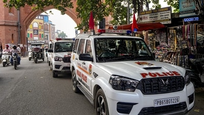 Police vehicles during a flag march in Amritsar, Punjab. (PTI)