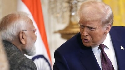 US President Donald Trump, right, speaks with Prime Minister Narendra Modi during a news conference of White House in Feb (AP/File) US President Donald Trump, right, speaks with Prime Minister Narendra Modi during a news conference of White House in Feb (AP/File)