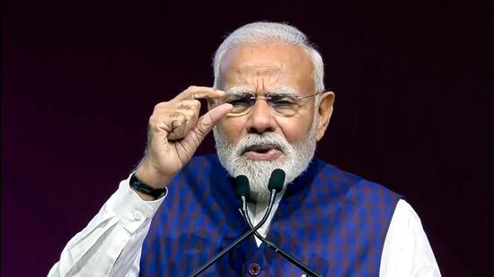 Prime Minister Narendra Modi addresses the gathering at the inauguration of the fourth edition of the 'Semicon India', in New Delhi on Tuesday. (DD Grab)