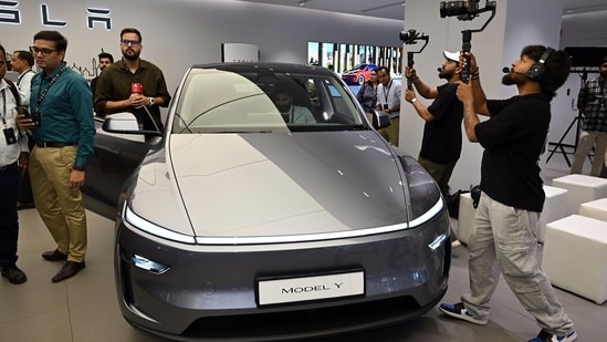A Tesla Model Y on display at company's showroom in BKC Mumbai. (Bloomberg)
