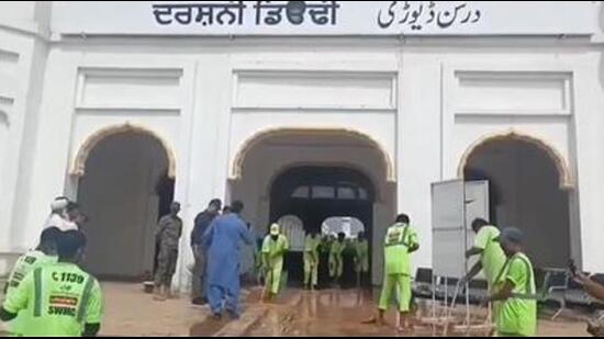 The unprecedented floods had brought 10 to 12 feet of water into the Kartarpur Sahib Gurdwara complex. (HT)