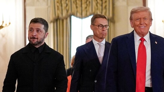 U.S. President Donald Trump, Ukrainian President Volodymyr Zelenskiy and Finland's President Alexander Stubb walk during a meeting, amid negotiations to end the Russian war in Ukraine, at the White House on August 18, 2025 (REUTERS)