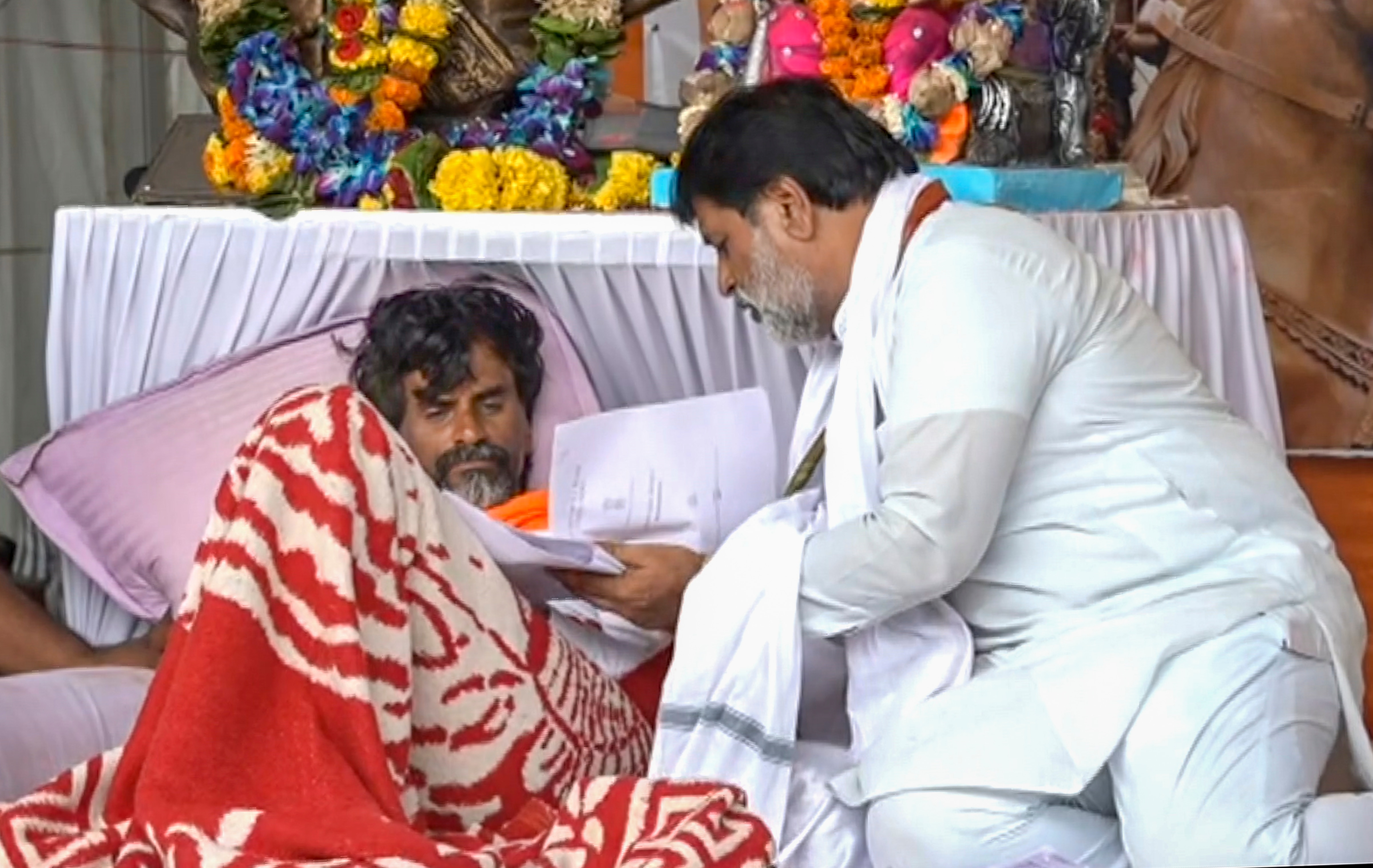 Maratha quota agitation leader Manoj Jarange during his hunger strike on the fifth day, over the Maratha quota demand, in Mumbai, Tuesday, Sep 02, 2025. (PTI) Maratha quota agitation leader Manoj Jarange during his hunger strike on the fifth day, over the Maratha quota demand, in Mumbai, Tuesday, Sep 02, 2025. (PTI)