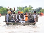 Punjab chief minister Bhagwant Mann visiting flood-affected villages in Ferozepur district on Tuesday. (HT)