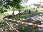 The area where an explosion took place in a pit dug to dump gunpowder recovered during raids after the Sunday’s explosion in Behta (Deepak Gupta/HT) The area where an explosion took place in a pit dug to dump gunpowder recovered during raids after the Sunday’s explosion in Behta (Deepak Gupta/HT)