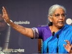 Union finance minister Nirmala Sitharaman addresses the media regarding the 56th GST Council meeting. (PTI)