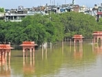 Vasudev Ghat submerged in over flowing Yamuna on Wednesday. (Vipin Kumar/HT Photo)